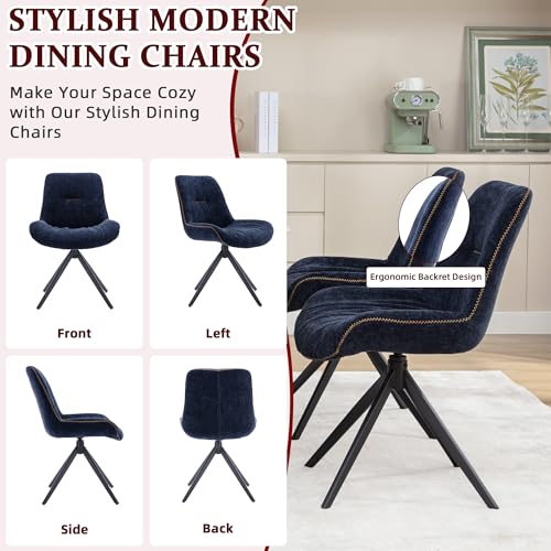6-Piece Swivel Dining Chair Set, Mid Century Modern Kitchen Chairs with Upholstered Metal Base - Dark Blue