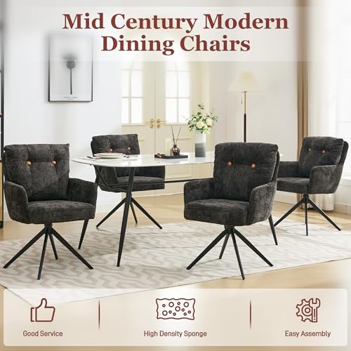 Mid-Century Modern Black Swivel Dining Chair Set of 6 Arm Upholstered