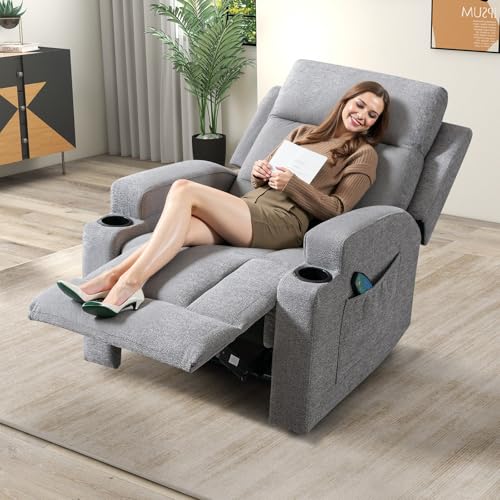 Phoenix Home Gray Manual Recliner with Massage & Heat, Overstuffed Fabric, 2 Side Pockets, Remote Control