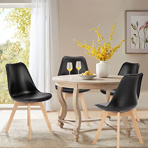 Set of 4 Mid-Century Modern Dining Chairs with Leather Cushion and Wood Legs