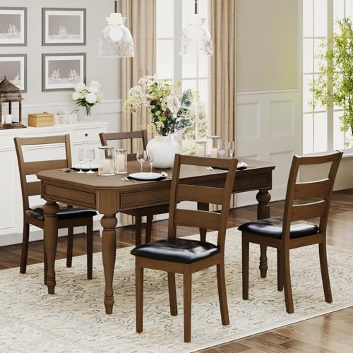 COLAMY PU Leather Dining Chair Set, Dark Brown High Back with Adjustable Footrests
