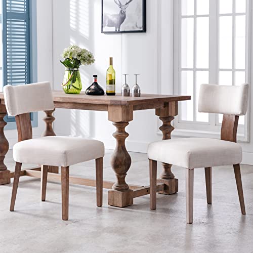 Mid Century Modern Set of 6 Linen Upholstered Dining Chairs with Wood Legs, Beige