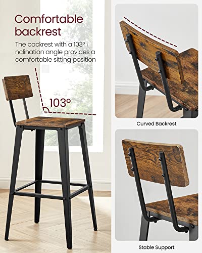 VASAGLE Rustic Brown & Ink Black Bar Stools, 29.1" Tall, with Back, Easy Assembly