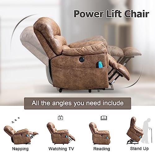 Heavy-Duty Electric Recliner with Massage & Heat, Faux Leather, USB Ports, Brown