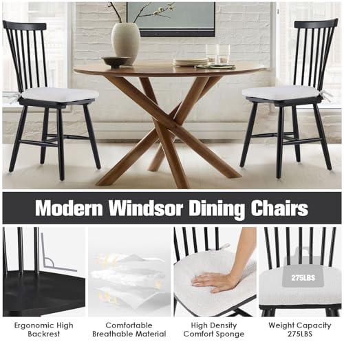 Windsor Dining Chairs Set of 2, Black Wood with Spindle Back and Cushions for Restaurant/Cafe