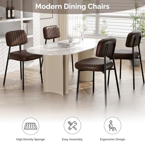 Modern Faux Leather Dining Chair Set, Thick Cushions, Metal Legs (Coffee)