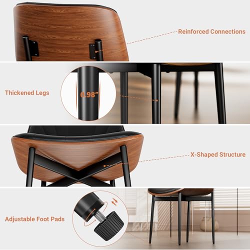FSC Certified Mid-Century Modern Dining Chair Set, Walnut Bentwood Metal Legs, Black