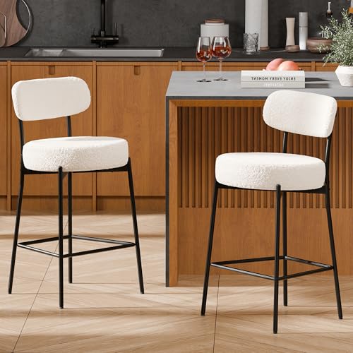 SPACE INVADER SOCIAL Modern White Boucle Bar Stools, Set of 2, Counter Height with Curved Back Legs for Kitchen Island, Cafe Style