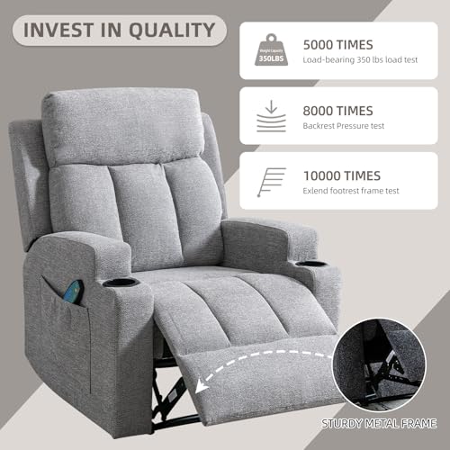 Phoenix Home Gray Manual Recliner with Massage & Heat, Overstuffed Fabric, 2 Side Pockets, Remote Control