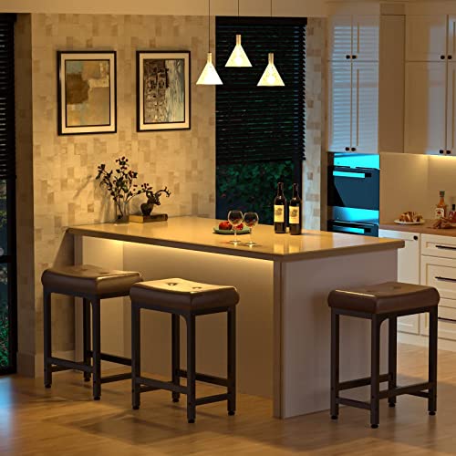 2-Piece 24-Inch Brown PU Leather Bar Stool Set with Metal Base for Kitchen Island