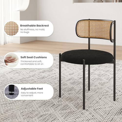 Modern Upholstered Dining Chairs Set of 4 with Rattan Back and Metal Legs, Black