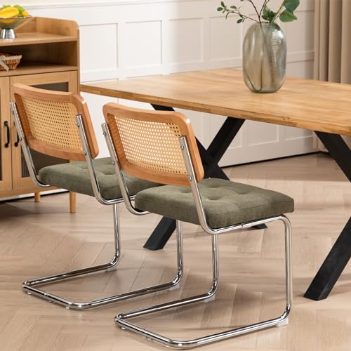 Mid-Century Green Velvet Cane Back Dining Chair Set of 2, Rattan Upholstery, Chromed Base