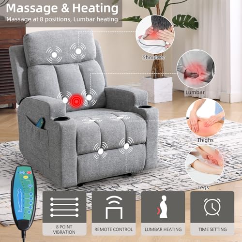 Phoenix Home Gray Manual Recliner with Massage & Heat, Overstuffed Fabric, 2 Side Pockets, Remote Control
