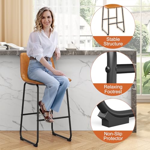 4 Pack Brown PU Leather Bar Stools, 30" Counter Height with Metal Legs & Footrest